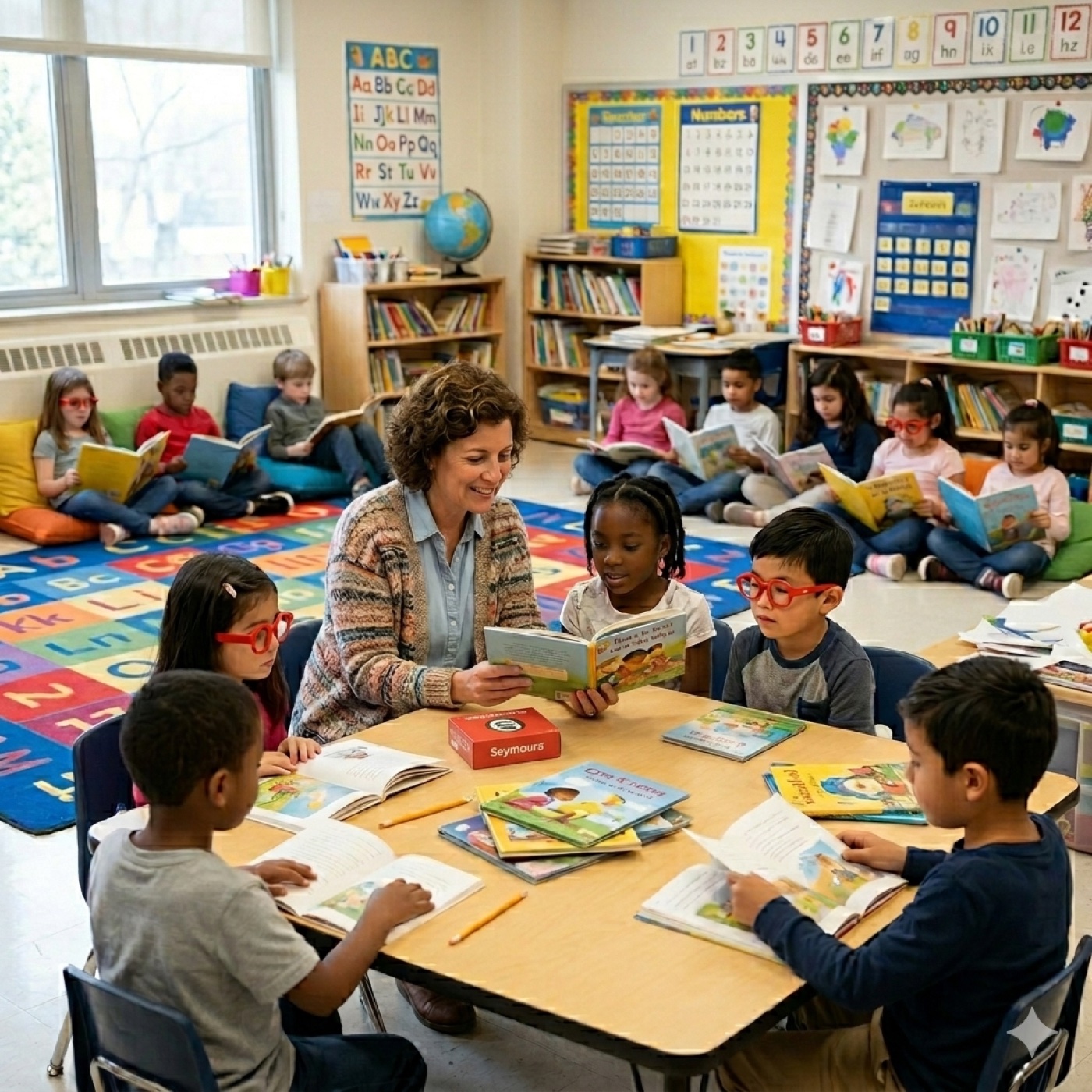 A teacher reading with a small group of elementary students around a classroom table